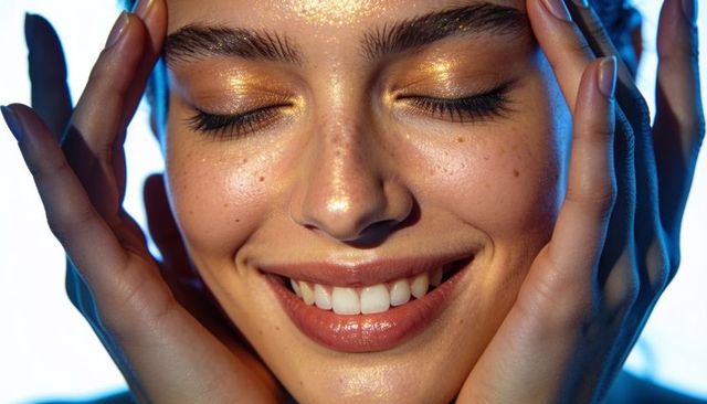 Golden dewy beauty closeup smiling woman with freckles and metallic eyeshadow, glowing skin