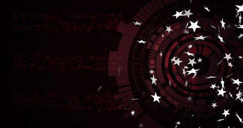 Crimson hud interface with rotating concentric rings, glitch particles and white stars