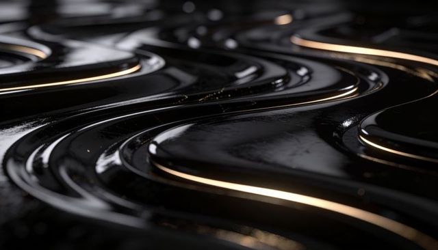 Glossy black curved ridges with gold edge highlights and dust macro abstract texture