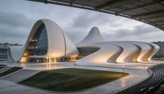 Sinuous modern civic center curving with white panels and glass entrance at dusk