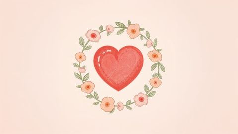 Glowing Red Heart with Pastel Floral Wreath on Peach Background