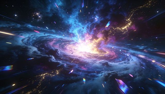 Radiating spiral galaxy core emitting prism light trails and cosmic energy vortex