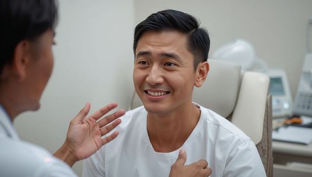 Male patient smiling during consultation while touching chest with clinician gesturing