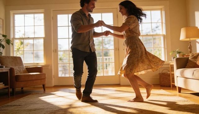Dancing couple twirling barefoot in sunlit living room near french doors, floral dress