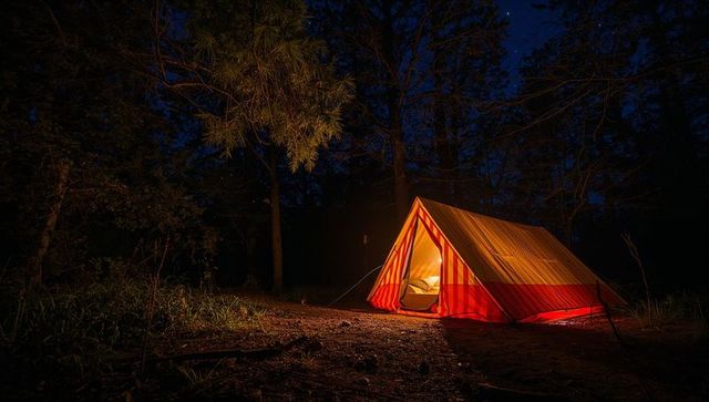 Glowing red-and-yellow A-frame tent at night in forest campsite with warm interior glow