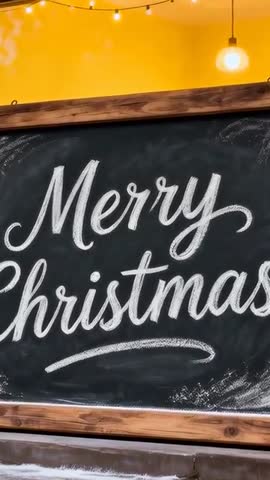 Vertical Video Panning Over Merry Christmas Chalkboard on Yellow Wall with Warm String Lights