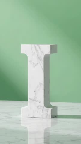 Vertical video showing marble letter I rising on reflective tabletop with green backdrop