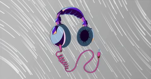 Floating over-ear headphones showcasing twisted purple headband, blue ear cups, coiled pink cable