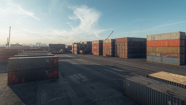 Sunlit container yard showing stacked shipping containers with distant gantry cranes