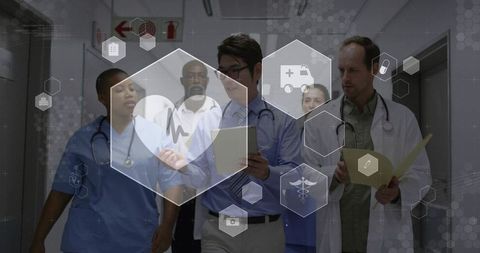 Medical Team Walking Through Hospital with Digital Healthcare Interface