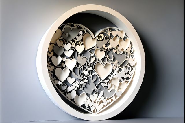 Elegant paper heart art installation featuring intricate detailing, perfect for use in interior design projects, romantic literature covers, Valentine's Day promotions, wedding invitations, or as decorative inspiration in art and craft tutorials.