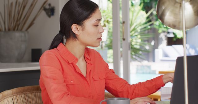 Biracial woman sitting at table and working with laptop - Download Free Stock Photos Pikwizard.com