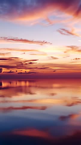 Vertical drone capturing lake mirroring golden sunset sky and silhouetted treeline