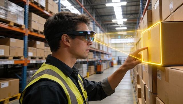 Warehouse worker scanning inventory with ar headset in high-tech distribution center