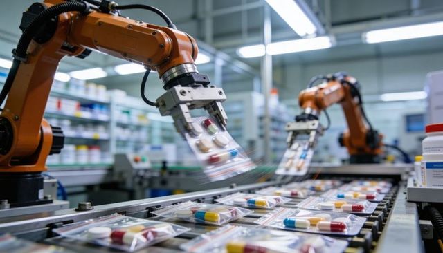 Pharmaceutical robotic packaging line picking blister packs on automated conveyor with robotic arms