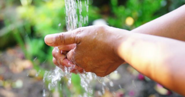 Close-up of someone washing hands with fresh water in an outdoor environment. This emphasizes hygiene and cleanliness. Ideal for articles about personal hygiene, health practices, and outdoor activities involving cleanliness.