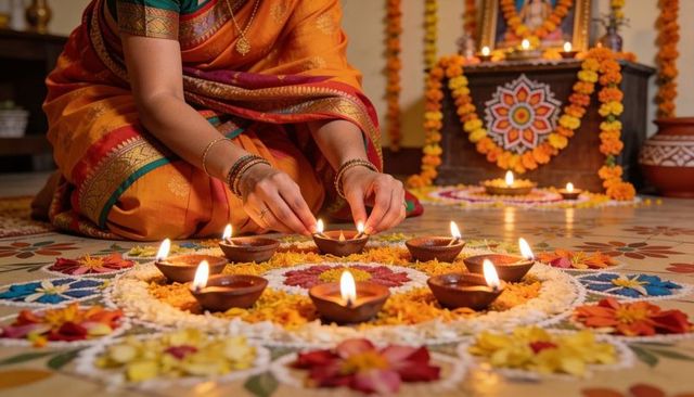 Woman in orange saree lighting clay diyas on vibrant rangoli for diwali home celebration