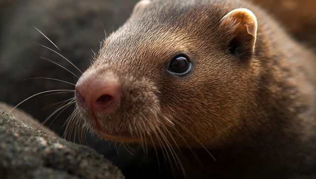 Small brown mammal in rocky habitat with moist snout