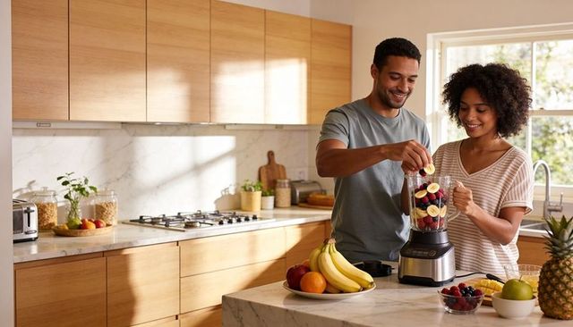 Couple preparing fruit smoothie in sunlit marble kitchen using countertop blender