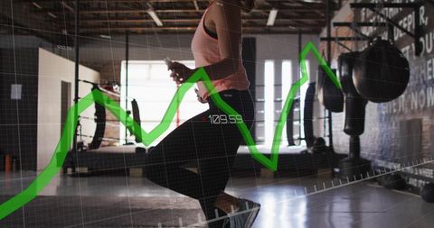 Financial Growth Chart Overlay on Woman Exercising in Gym