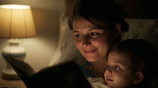 Mother reading bedtime story while holding child under warm lamp light in cozy bedroom