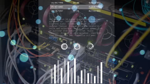 Animated Data Processing in a Server Room Overlay with Interface Elements