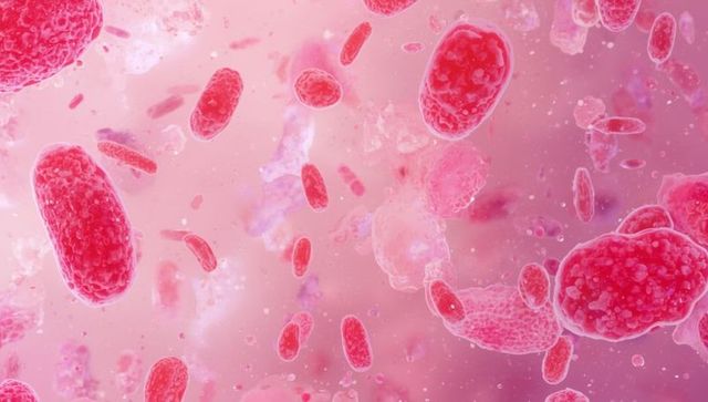 Microscopic View of Red Bacterial Cells on Pink Background