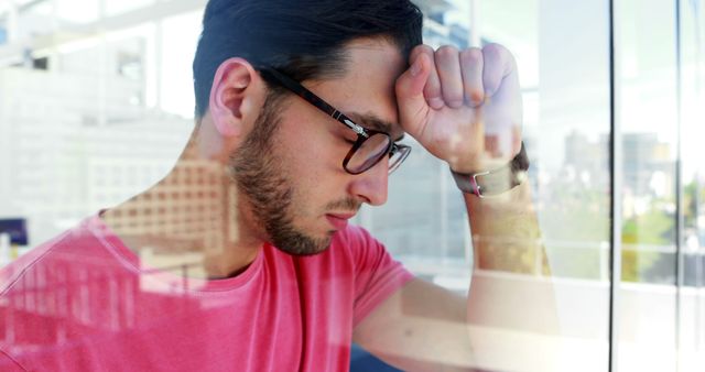 Man stands near a glass window, looking down with a stressed expression. Wearing glasses and a red shirt, he is visibly worried. The background showcases an office workspace with reflections presenting a modern urban environment. Useful for depicting workplace stress, personal challenges, mental health awareness, and corporate life.