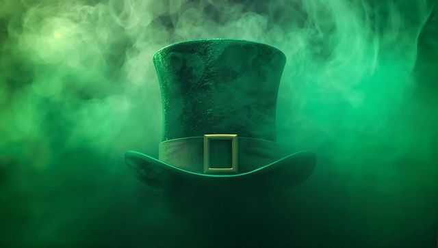 Emerald velvet top hat glowing in green smoke with gold buckle for St Patrick's Day