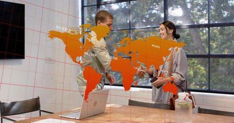 Colleagues Shaking Hands in Modern Meeting Room with Augmented Reality World Map Overlay