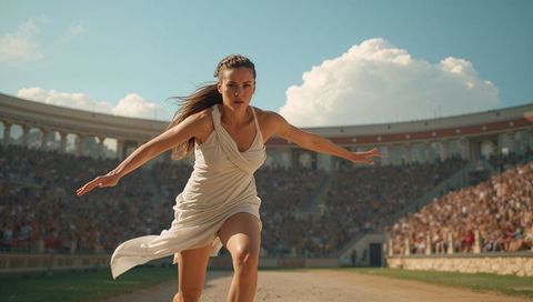 Female athlete sprinting in classical tunic on ancient-style stadium track with packed spectators