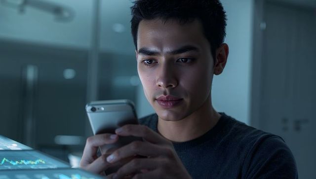 Young professional studying smartphone while checking financial charts on touchscreen