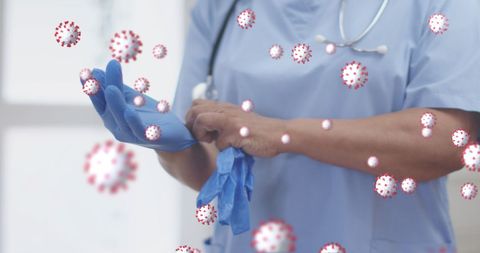 Healthcare Worker Wearing Gloves Amid Floating Virus Icons