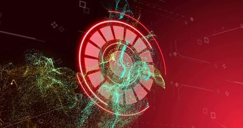 Glowing Red HUD Emitting Teal Particle Streams Over Digital Data Backdrop