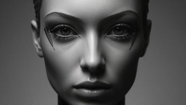 Monochrome sculpted female visage with metallic teardrops and intense symmetrical gaze