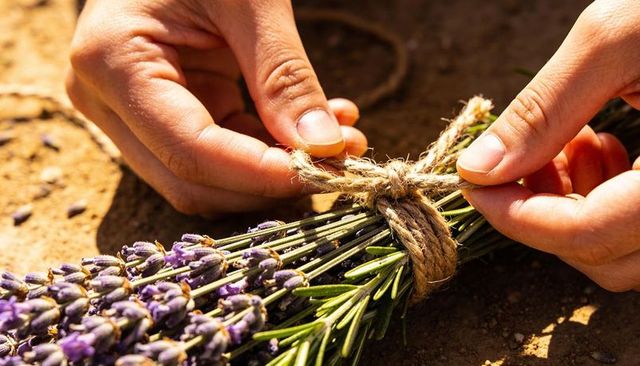 Hands tying jute twine around lavender bundle on sunlit dry soil for rustic herb bunch
