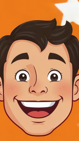 Smiling Cartoon Male Head with Circling White Star Vertical Animation for Mobile Reels