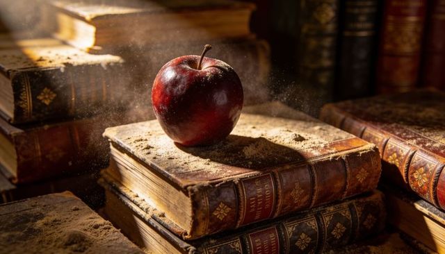Glossy red apple resting on dusty antique leather books in warm sunbeam and floating dust