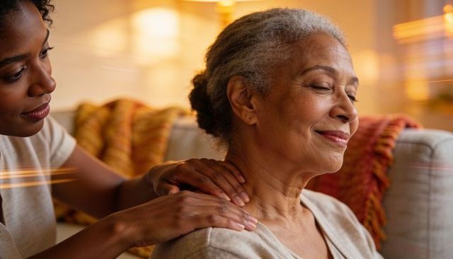 Caregiver giving senior woman shoulder massage at home, creating cozy comfort and relaxation