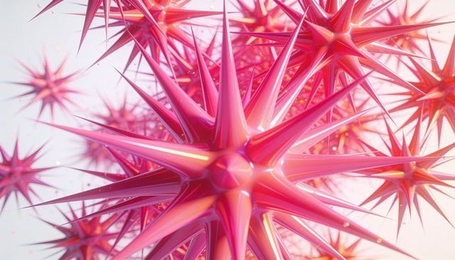 Glossy pink spiky starbursts floating in glowing gradient 3d render for sci-fi visuals
