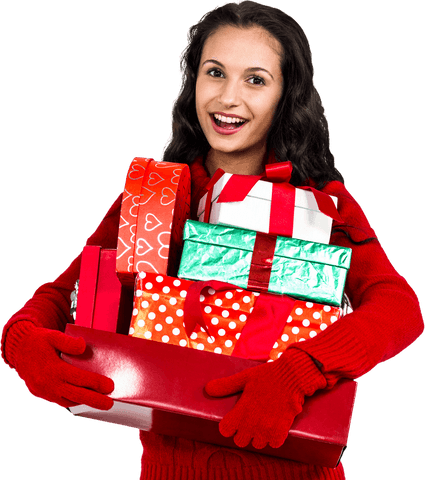 Smiling woman holding gift boxes in holiday attire transparent