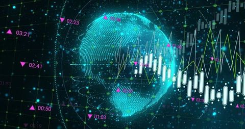 Holographic Global Market Dashboard Displaying Candlestick Charts, Data Rings, Analytics