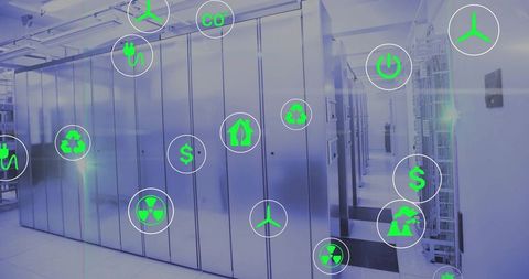 Sustainable Data Center Tech with Eco-Friendly Energy Icons