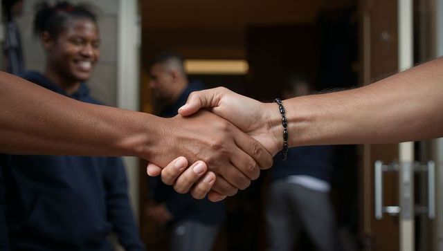 Closeup handshake at doorway connecting friends with beaded bracelet and casual hoodies