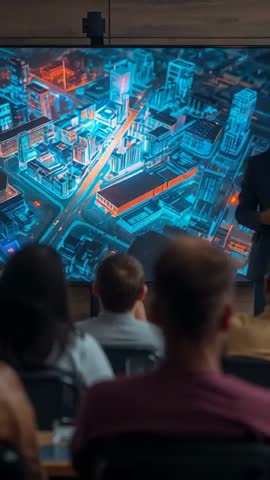 Vertical lecture featuring presenter pointing at neon 3D city map display