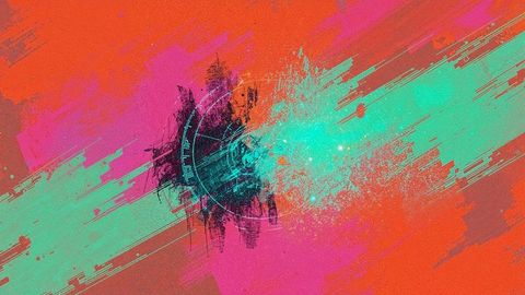 Dynamic abstract burst of teal and magenta with central circle