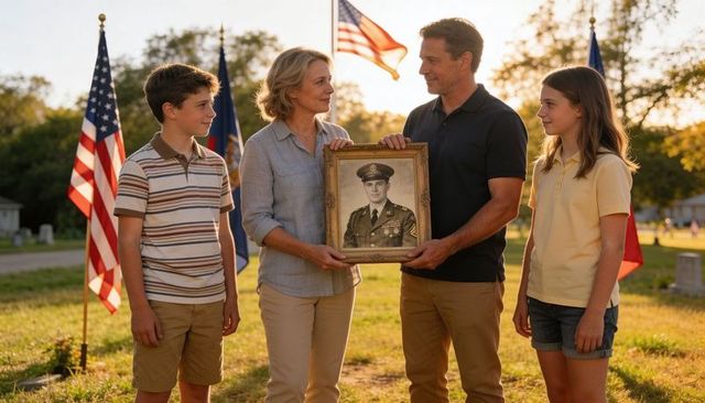 Family honoring veteran at cemetery holding framed portrait with american flags at sunset
