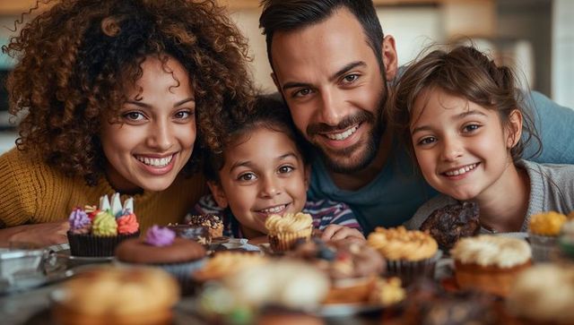 Smiling family gathered around cupcakes in cozy home kitchen celebrating sweet moments