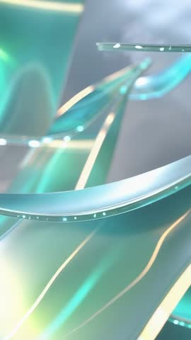 Vertical loop of translucent teal ribbons undulating with metallic edges and floating beads