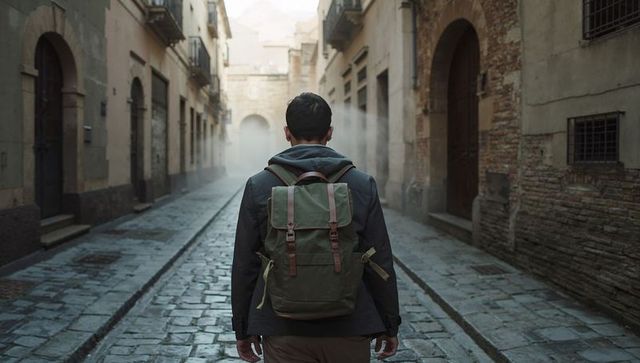 Backpack traveler walking down misty cobblestone alley through historic archway